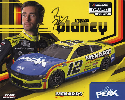Signed 8x10 inch glossy photo of Ryan Blaney celebrating his 2025 NASCAR Cup Series Championship in the #12 Menards Racing car. A top collectible for fans and NASCAR memorabilia collectors.