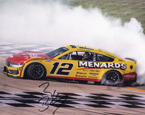 Autographed 8x10 glossy photo of Ryan Blaney celebrating his 2025 Nashville Cracker Barrel win with a victory burnout in the #12 Menards Racing car, ideal for NASCAR fans and collectors.