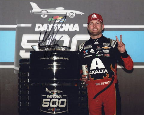 Autographed 2025 8x10 photo of William Byron celebrating in Victory Lane with the Daytona 500 trophy. A vivid NASCAR collectible that makes a great gift. Includes Certificate of Authenticity. We are always here to help with any questions about your racing memorabilia purchase.