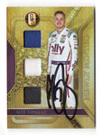 The autographed Alex Bowman 2023 Panini Gold Standard Racing NEWLY MINTED Triple Relic NASCAR trading card. This limited-edition card features Bowman’s signature along with race-used memorabilia, a must-have for NASCAR collectors.
