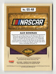 The Alex Bowman 2023 Panini Gold Standard Racing Triple Relic signed card with COA. Featuring race-used memorabilia and an authentic autograph, this collectible is ideal for NASCAR fans and collectors.