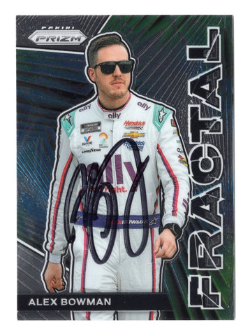 This autographed Alex Bowman 2023 Panini Prizm Racing Fractal Insert card showcases the #48 Ally Driver in a vibrant, eye-catching design. The geometric Fractal patterns add a unique touch, making this a must-have for any NASCAR fan. Comes with a Certificate of Authenticity for peace of mind.
