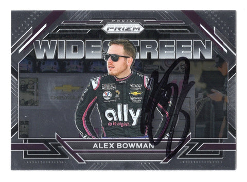 This autographed Alex Bowman 2023 Panini Prizm Racing Widescreen Insert card showcases the #48 Ally Driver in a wide, dynamic shot that brings NASCAR excitement to life. The card is hand-signed by Bowman and includes a Certificate of Authenticity, ensuring it’s a genuine piece for collectors.