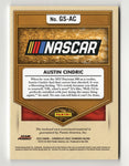 The autographed Austin Cindric 2023 Panini Gold Standard Racing NEWLY MINTED Triple Relic NASCAR trading card with COA. This collectible features three pieces of race-used memorabilia, making it a unique addition to any NASCAR collection.