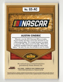 The autographed Austin Cindric 2023 Panini Gold Standard Racing NEWLY MINTED Triple Relic NASCAR trading card with COA. This collectible features three pieces of race-used memorabilia, making it a unique addition to any NASCAR collection.
