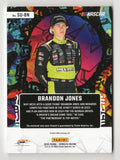 Rare Brandon Jones 2024 Donruss Racing trading card with autographed signature and race-worn firesuit relic. Limited to only 99 copies, includes guarantee of authenticity. Ideal gift for NASCAR enthusiasts.