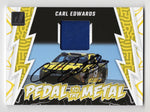 Carl Edwards 2024 Donruss Racing PEDAL TO THE METAL trading card with autographed signature and race-used sheet metal relic. Guaranteed authentic with COA. Ideal for collectors and NASCAR fans.