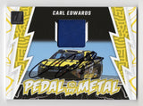 Carl Edwards 2024 Donruss Racing PEDAL TO THE METAL trading card with autographed signature and race-used sheet metal relic. Guaranteed authentic with COA. Ideal for collectors and NASCAR fans.