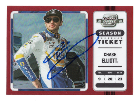 2023 Panini Chronicles Contender Optic Racing Season Ticket Red Parallel card, signed by Chase Elliott and numbered #68/99. A perfect gift for NASCAR enthusiasts, backed by a lifetime guarantee and Certificate of Authenticity.