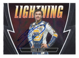 Autographed Chase Elliott 2023 Panini Chronicles Racing Lightning insert card. A rare NASCAR collectible featuring Elliott’s signature, with a lifetime authenticity guarantee and COA.