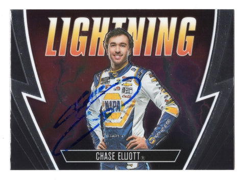 Autographed Chase Elliott 2023 Panini Chronicles Racing Lightning insert card. A rare NASCAR collectible featuring Elliott’s signature, with a lifetime authenticity guarantee and COA.