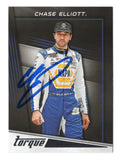 Chase Elliott signed 2023 Panini Chronicles Racing Torque card. This rare NASCAR collectible features Elliott’s signature and comes with a COA and lifetime guarantee on authenticity, perfect for collectors.