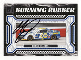 Chase Elliott 2024 Donruss Racing "Burning Rubber" signed trading card featuring Elliott's signature and a Certificate of Authenticity. Perfect for NASCAR fans and collectors.