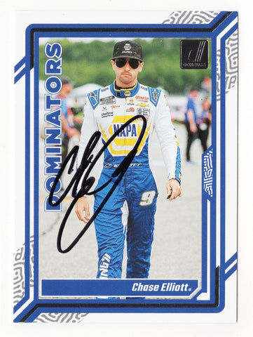 Chase Elliott 2024 Donruss Racing "Dominators" signed trading card featuring Elliott's signature and Certificate of Authenticity (COA), a must-have for NASCAR collectors.