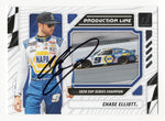 Chase Elliott 2024 Donruss Racing "Production Line" signed card featuring Elliott’s bold autograph and Certificate of Authenticity (COA), perfect for collectors and fans.