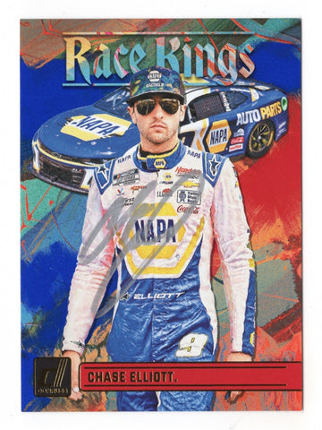 Chase Elliott 2024 Donruss Racing "Race Kings" Red & Blue Parallel Insert signed card with autograph and Certificate of Authenticity (COA). A rare NASCAR collectible.