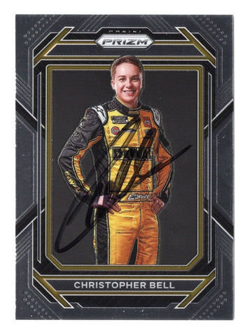 The signed Christopher Bell 2023 Panini Prizm Racing card featuring the #20 DeWalt Team car, with Bell’s signature. A top collectible for NASCAR fans.