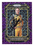 The autographed Christopher Bell 2023 Panini Prizm Racing PURPLE PRIZM card (#016/199), a rare and collectible item with Bell’s signature, ideal for NASCAR enthusiasts.