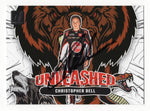 The Christopher Bell 2024 Donruss Racing Unleashed signed trading card, featuring Bell’s signature and a bold action-packed design, an essential for NASCAR collectors.