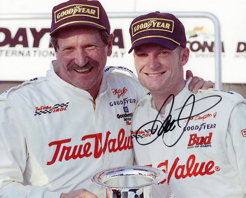 Autographed 1999 Dale Earnhardt Jr. Daytona IROC Series photo featuring the iconic Father & Son victory lane moment. Signed with COA for authenticity.