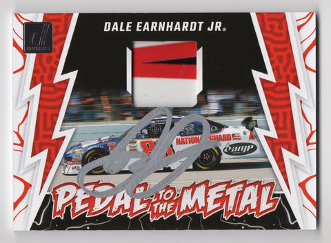 Dale Earnhardt Jr. autographed 2024 Donruss Racing PEDAL TO THE METAL card with 3-color race-used sheet metal relic. Includes Certificate of Authenticity (COA) and authenticity guarantee. Ideal for collectors.