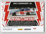 Rare Dale Earnhardt Jr. signed NASCAR card from the 2024 Donruss Racing PEDAL TO THE METAL series, showcasing a 3-color piece of race-used sheet metal. Comes with COA and authenticity guarantee.