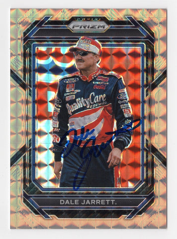 The 2023 Dale Jarrett Panini Prizm Racing Orange Prizm Insert card features the #88 car in an eye-catching orange design. This signed NASCAR collectible is part of a limited production and comes with a Certificate of Authenticity (COA), making it a perfect gift for fans.