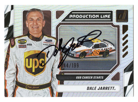 The Dale Jarrett 2024 Donruss Racing Silver Parallel Insert card (#144/199) highlights the NASCAR legend’s career. Signed by Jarrett and part of a limited edition run, this collectible comes with a COA to guarantee its authenticity, making it an ideal gift for any NASCAR enthusiast.