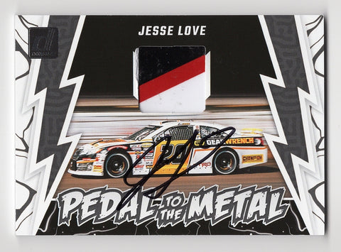 Jesse Love autographed 2024 Donruss Racing PEDAL TO THE METAL card with a 3-color race-used sheet metal relic. Comes with Certificate of Authenticity (COA) and authenticity guarantee, perfect for collectors.