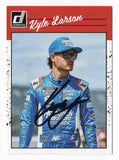 Autographed Kyle Larson 2023 Donruss Racing RETRO NASCAR card showing Larson’s signature with Certificate of Authenticity (COA). A valuable piece for collectors and fans.