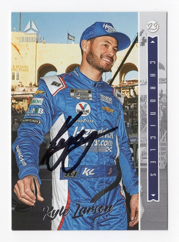 A close-up of the autographed Kyle Larson 2023 Panini Chronicles Racing LUMINANCE card, showcasing his signature and high-quality design. The card is backed by our lifetime authenticity guarantee.