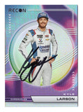 The autographed Kyle Larson 2023 Panini Chronicles Racing RECON NASCAR card, featuring a sleek modern design and Larson’s signature. A must-have collectible with Certificate of Authenticity.