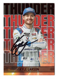Kyle Larson’s autograph on the 2023 Panini Chronicles Racing THUNDER Red Parallel Insert card #66/99. This limited-edition NASCAR card is a true collector’s item with COA.