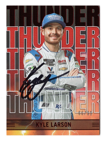 Kyle Larson’s autograph on the 2023 Panini Chronicles Racing THUNDER Red Parallel Insert card #66/99. This limited-edition NASCAR card is a true collector’s item with COA.