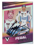 The signed Kyle Larson 2023 Panini Chronicles Victory Lane Racing PEDAL TO THE METAL card, featuring Larson’s bold autograph. Comes with Certificate of Authenticity (COA).