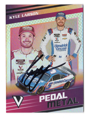 The signed Kyle Larson 2023 Panini Chronicles Victory Lane Racing PEDAL TO THE METAL card, featuring Larson’s bold autograph. Comes with Certificate of Authenticity (COA).