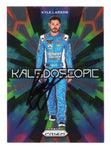 The autographed Kyle Larson 2023 Panini Prizm KALEIDOSCOPE Silver Prizm Insert card, showcasing Larson's signature and a vibrant, eye-catching design. Includes COA for authenticity.