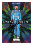 The autographed Kyle Larson 2023 Panini Prizm KALEIDOSCOPE Silver Prizm Insert card, showcasing Larson's signature and a vibrant, eye-catching design. Includes COA for authenticity.