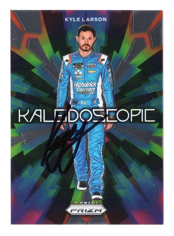The autographed Kyle Larson 2023 Panini Prizm KALEIDOSCOPE Silver Prizm Insert card, showcasing Larson's signature and a vibrant, eye-catching design. Includes COA for authenticity.
