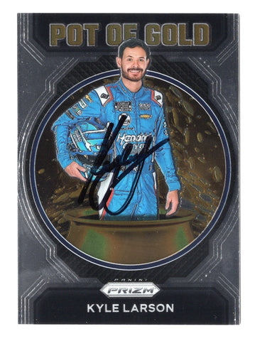 Kyle Larson’s signature on the 2023 Panini Prizm Racing POT OF GOLD Insert card, a perfect collectible for fans. The card features eye-catching gold accents and comes with COA.