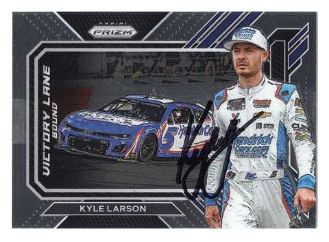 The signed Kyle Larson 2023 Panini Prizm Racing VICTORY LANE BOUND Silver Prizm Insert card, featuring his signature and a stunning silver design. Comes with a Certificate of Authenticity (COA).