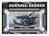 The signed Kyle Larson 2024 Donruss Racing BURNING RUBBER (Burnout) NASCAR card, featuring his signature with a dramatic image of his burnout. Comes with Certificate of Authenticity (COA).
