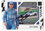 Kyle Larson’s signature on the 2024 Donruss Racing PRODUCTION LINE card, showcasing a stunning action shot of his NASCAR car. This collectible includes a COA, guaranteeing its authenticity.