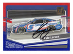 Kyle Larson's signature on the 2024 Donruss Racing RED & BLUE PARALLEL (#5 Hendrick Car) insert card. This limited edition collectible includes a Certificate of Authenticity, perfect for any NASCAR fan.