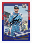 The autographed Kyle Larson 2024 Donruss Racing RED & BLUE PARALLEL card, showcasing his signature with vibrant red and blue parallel design of his #5 Hendrick car. Includes COA for authenticity.
