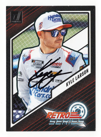 The autographed Kyle Larson 2024 Donruss Racing RETRO SERIES card featuring his signature and a vintage-inspired design with the #5 Hendrick Motorsports car. Includes a Certificate of Authenticity.