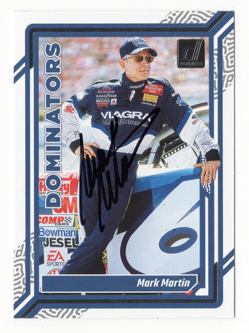 Featuring a bold design, the Mark Martin 2024 Donruss Racing Dominators card highlights the #6 Roush Team. Hand-signed by Martin, it includes a COA and is a great gift for NASCAR fans and collectors.