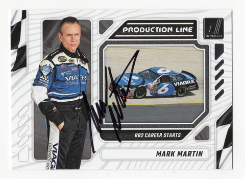 This autographed Mark Martin 2024 Donruss Racing Production Line card commemorates his 882 career starts. A must-have for collectors, it includes a COA guaranteeing authenticity.