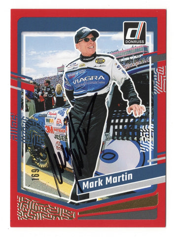 This autographed Mark Martin 2024 Donruss Racing Red Parallel Insert card is numbered #169/299 and celebrates his legendary career. A limited-edition NASCAR collectible, it comes with a Certificate of Authenticity (COA).