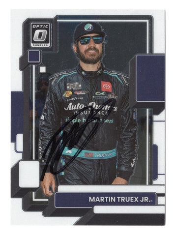 Autographed Martin Truex Jr. 2023 Donruss Optic Racing card with signature and vibrant design, featuring the #19 Auto-Owners Team, perfect for NASCAR collectors.